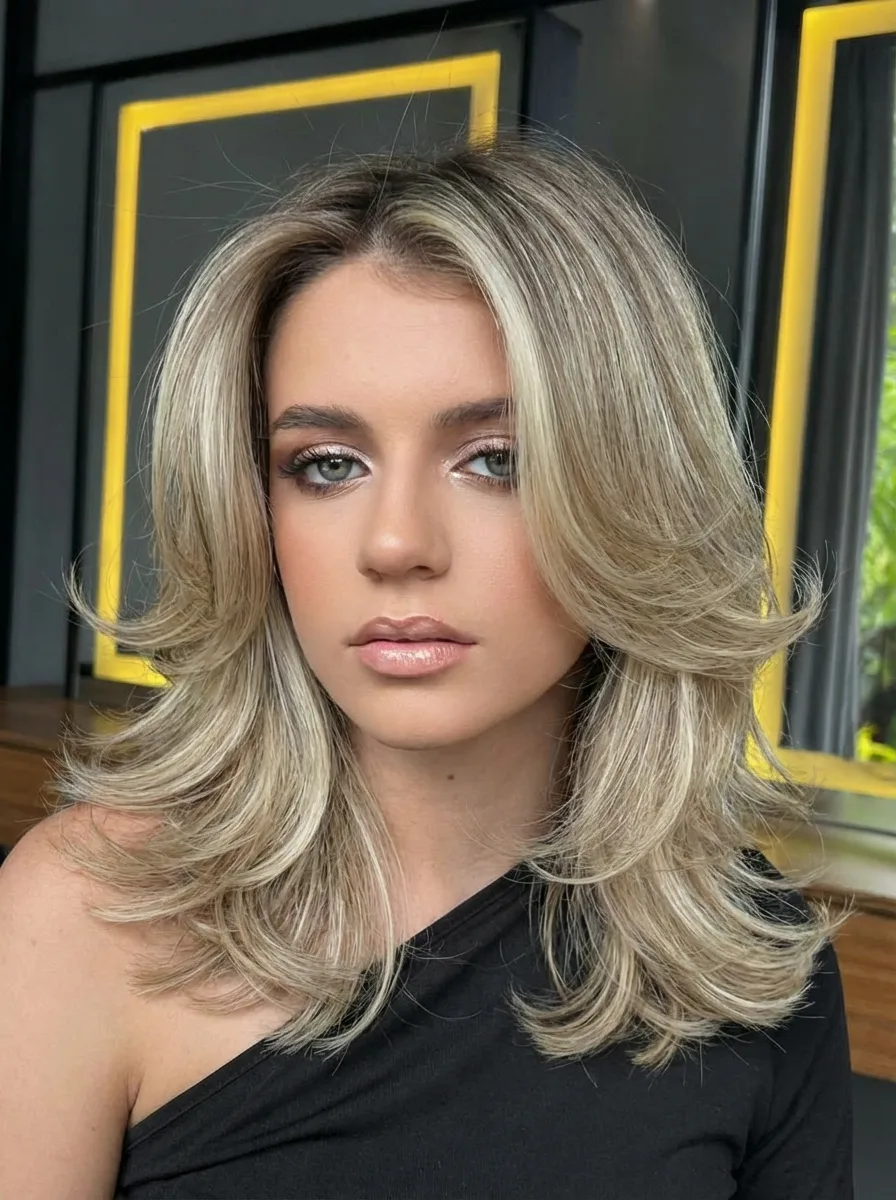 Shoulder-Length Feathered Layers in Soft Sandy Blonde